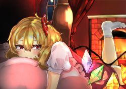 Rule 34 | 1girl, blonde hair, column, covered mouth, crystal, curtains, fire, fireplace, flandre scarlet, full moon, hair between eyes, hair ribbon, highres, indoors, leg lift, looking at viewer, lying, moon, night, no headwear, no headwear, no shoes, hugging object, on stomach, pillar, pillow, pillow hug, puffy short sleeves, puffy sleeves, red eyes, red skirt, red vest, ribbon, shirt, short hair, short sleeves, side ponytail, skirt, socks, solo, takena-c, touhou, vest, white shirt, white socks, window, wings