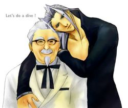 Rule 34 | 1990s (style), 2boys, beard, bow, bowtie, colonel sanders, crossover, english text, facial hair, final fantasy, final fantasy vii, formal, glasses, green eyes, grey hair, kfc, long hair, male focus, multiple boys, mustache, retro artstyle, sephiroth, shirt, suit, what, white hair