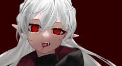 Rule 34 | 1girl, albino, ao oni (onioni-aoi), arknights, blood, blood on face, eyebrows hidden by hair, fangs, highres, looking at viewer, open mouth, pointy ears, portrait, red background, red eyes, simple background, slit pupils, solo, teeth, tongue, tongue out, vampire, warfarin (arknights), white hair