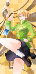 Rule 34 | 1girl, aile (crossroads), atlus, bike shorts, black skirt, breasts, brown eyes, card, checkered clothes, checkered skirt, female focus, floating card, glasses, houndstooth, jacket, leg lift, loafers, miniskirt, open mouth, orange hair, persona, persona 4, pleated skirt, satonaka chie, school uniform, shoes, short hair, skirt, socks, solo, tomoe (persona 4), track jacket, uniform, unmoving pattern, white socks, yellow-framed eyewear