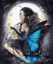 Rule 34 | 1girl, acrylic paint (medium), antennae, barefoot, black hair, blue eyes, bug, butterfly, butterfly wings, detached sleeves, face, feet, flower, full moon, gothic lolita, insect, insect wings, lolita fashion, long hair, moon, original, painting (medium), solo, toyoda izumi, traditional media, watercolor (medium), wings