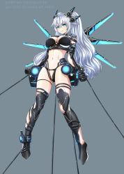 Rule 34 | 1girl, bdsm, black heart (neptunia), blue eyes, bondage, bound, breasts, cleavage, female focus, jyu ichi, long hair, looking at viewer, navel, neptune (series), noire (neptunia), restrained, solo, spread legs, symbol-shaped pupils, torn clothes, twintails, very long hair, white hair