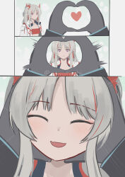 Rule 34 | 1girl, 1other, absurdres, arknights, black gloves, blush, closed eyes, comic, dragon horns, earrings, emphasis lines, facing viewer, gloves, grey hair, heart, heart hands, highres, horns, jacket, jewelry, long hair, looking at viewer, multicolored hair, nian (arknights), open clothes, open jacket, parted bangs, parted lips, pointy ears, ponytail, purple eyes, red hair, strapless, streaked hair, tube top, twitter username, two-tone hair, wawamachi (wawamachis), white jacket