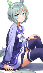 Rule 34 | 1girl, animal ears, aqua eyes, asato (fadeless), bow, bowtie, closed mouth, feet out of frame, green hair, hair ornament, hairclip, highres, horse ears, horse girl, horse tail, knees up, long sleeves, looking at viewer, purple shirt, purple skirt, purple thighhighs, sailor collar, school uniform, seiun sky (umamusume), shadow, shirt, short hair, simple background, sitting, skirt, smile, solo, tail, thighhighs, tracen school uniform, umamusume, white background, zettai ryouiki