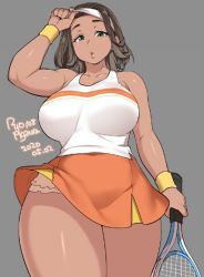 Rule 34 | 1girl, agawa ryou, artist name, bare shoulders, belly, black hair, breasts, collarbone, commentary, covered navel, dark skin, dark-skinned female, dated, grey background, headband, large breasts, looking at viewer, original, parted lips, plump, racket, short hair, signature, skirt, solo, tennis racket, thick thighs, thighs, wristband