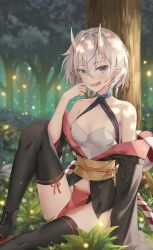Rule 34 | 1girl, :d, absurdres, bare shoulders, black thighhighs, blue eyes, breasts, fangs, finger in own mouth, forest, grey hair, halterneck, hand up, highres, horns, japanese clothes, knee up, long sleeves, looking at viewer, medium breasts, nature, obi, off shoulder, oni horns, open clothes, open mouth, original, outdoors, panties, pelvic curtain, pointy ears, revealing clothes, sash, short hair, shuvi (shuvi1125), sitting, smile, solo, string panties, thighhighs, thighs, underwear