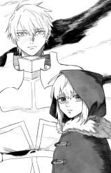 Rule 34 | 1boy, 1girl, armor, cheeeeese0619, cloak, closed mouth, fate (series), fur-trimmed cloak, fur trim, gray (fate), greyscale, hood, hood up, hooded cloak, kay (fate), looking at viewer, lord el-melloi ii case files, monochrome, parted lips, short hair, sidelocks, upper body