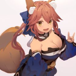 Rule 34 | 1girl, animal ear fluff, animal ears, bare shoulders, blue kimono, blue ribbon, breasts, cleavage, collarbone, detached sleeves, fang, fate/extella, fate/extra, fate/extra ccc, fate/grand order, fate (series), fox ears, fox girl, fox shadow puppet, fox tail, hair ribbon, highres, japanese clothes, kimono, large breasts, looking at viewer, open mouth, pink hair, ribbon, same (sendai623), simple background, skin fang, solo, tail, tamamo (fate), tamamo no mae (fate/extra), yellow eyes