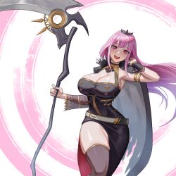 Rule 34 | 1girl, :d, black cape, black dress, black thighhighs, blunt bangs, bracer, breasts, cape, cleavage, detached sleeves, dress, floating hair, hand up, highres, holding, holding scythe, hololive, hololive english, large breasts, long dress, long hair, looking at viewer, mori calliope, mori calliope (1st costume), open mouth, pink background, pink eyes, pink hair, romaji commentary, scythe, see-through, see-through sleeves, seventeencrows, shoulder spikes, side slit, sidelocks, single detached sleeve, single thighhigh, smile, solo, spiked hood, spikes, strapless, strapless dress, teeth, thick thighs, thighhighs, thighs, tiara, torn cape, torn clothes, twitter username, two-tone background, upper teeth only, virtual youtuber, white background