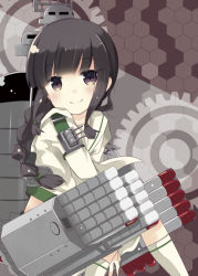 Rule 34 | 1girl, between legs, braid, braided ponytail, closed mouth, commentary request, eyes visible through hair, from side, gears, hand between legs, hexagon, kantai collection, kitakami (kancolle), kitakami kai ni (kancolle), kurata yumi, light, light particles, long hair, long sleeves, looking at viewer, machinery, purple eyes, red background, school uniform, serafuku, shadow, sidelocks, sitting, smile, socks, solo, torpedo launcher, torpedo tubes