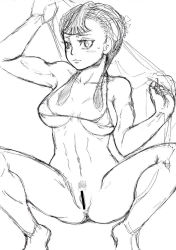 Rule 34 | 1girl, ashei, bar censor, bikini, bikini top only, bottomless, breasts, censored, female pubic hair, highres, kurita, linea alba, looking at viewer, nintendo, pubic hair, simple background, sketch, solo, sparse pubic hair, squatting, swimsuit, the legend of zelda, the legend of zelda: twilight princess, underboob, white background