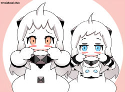 Rule 34 | 2girls, abyssal ship, ahoge, blue eyes, blush stickers, bracelet, collar, colored skin, commentary request, dress, horns, jewelry, kantai collection, long hair, mittens, mouth pull, multiple girls, northern little sister, northern ocean princess, orange eyes, roshiakouji-chan, spiked bracelet, spiked collar, spikes, twitter username, white dress, white hair, white skin