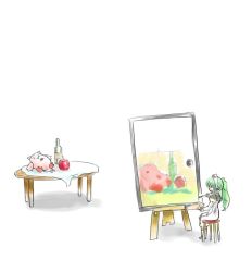 Rule 34 | 00s, 1girl, apple, bottle, broccoli (company), easel, food, fruit, galaxy angel, green hair, normad, red eyes, simple background, solo, stool, table, tagme, vanilla h, white background