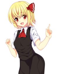 Rule 34 | 1girl, arms up, ascot, blonde hair, blush, breasts, female focus, fingernails, hair ribbon, index finger raised, looking at viewer, open mouth, red eyes, ribbon, rumia, short hair, short sleeves, simple background, skirt, skirt set, solo, touhou, transparent background, white background, yabu q