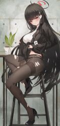 Rule 34 | 1girl, black footwear, black hair, black panties, black pantyhose, blue archive, blush, breasts, chair, commentary, formal, hair ornament, hairpin, halo, high heels, highres, id card, large breasts, long hair, panties, panties under pantyhose, pantyhose, parted lips, plant, potted plant, red eyes, ribbed sweater, rio (blue archive), sitting, solo, suit, sweater, torn clothes, torn pantyhose, underwear, white sweater, yoyopipa