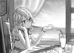 Rule 34 | 1girl, bad id, bad pixiv id, blush, bracelet, chair, closed mouth, cup, day, greyscale, hair between eyes, indoors, jewelry, long hair, looking at watch, monochrome, original, plate, pursed lips, sketch, solo, table, watch, wavy hair, window, wristwatch, yoropa