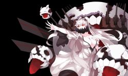 Rule 34 | 10s, 1girl, abyssal ship, black background, breasts, cleavage, covered mouth, dress, enemy aircraft (kancolle), hand on own chest, horns, kantai collection, large breasts, long hair, machinery, mask, midway princess, miya star saa, outstretched arm, pale skin, red eyes, simple background, solo, very long hair, white dress, white hair