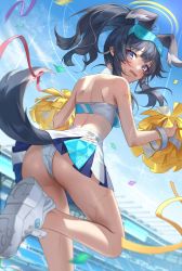 Rule 34 | 1girl, absurdres, animal ears, ass, bare shoulders, black hair, blue archive, blue eyes, blue skirt, blue sky, blurry, blurry background, blush, cheerleader, clothes writing, cloud, day, dog ears, dog girl, dog tail, eyewear on head, from behind, halo, hibiki (blue archive), hibiki (cheer squad) (blue archive), highres, jyuma, looking at viewer, looking back, millennium cheerleader outfit (blue archive), official alternate costume, open mouth, outdoors, panties, pom pom (cheerleading), ponytail, shoes, short hair, skirt, sky, sneakers, solo, stadium, standing, standing on one leg, star sticker, sticker on arm, sticker on face, sunglasses, sweat, tail, two-tone skirt, underwear, wavy mouth, white footwear, white panties, white skirt