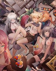 Rule 34 | 6+girls, :d, absurdres, ahoge, animal ear fluff, animal ears, arknights, black shorts, black skirt, blonde hair, blue eyes, blue poison (arknights), breasts, chinese commentary, commentary request, crocodilian tail, doctor (arknights), dutch angle, eunectes (arknights), feather hair, female doctor (arknights), female focus, finger in own mouth, fox ears, gavial (arknights), grey eyes, greythroat (arknights), highres, huge filesize, indoors, jinjide shaonian, large breasts, long hair, miniskirt, multiple girls, nipples, notched ear, open mouth, orange eyes, orange hair, out of frame, pink hair, pleated skirt, resolution mismatch, short hair, short shorts, shorts, silver hair, skirt, small breasts, smile, source smaller, tail, thighhighs, thighs, tomimi (arknights), vermeil (arknights), zettai ryouiki