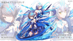 Rule 34 | 2girls, ahoge, armor, armored dress, artist name, bare shoulders, blue legwear, boots, breasts, character name, choker, closed mouth, commentary request, dark persona, detached collar, diamond-shaped pupils, diamond (shape), dress, elbow gloves, energy wings, floating, floating object, floating weapon, gloves, grey hair, hair between eyes, hair ornament, hair over one eye, highres, holding, holding scythe, honkai (series), honkai impact 3rd, ice, jewelry, kiana kaslana, kiana kaslana (herrscher of the void), large breasts, long hair, looking at viewer, medium breasts, multiple girls, multiple views, polearm, rita rossweisse, rita rossweisse (artemis), scythe, short hair, sidelocks, smile, spear, symbol-shaped pupils, thighhighs, very long hair, weapon, xfate, yellow eyes