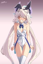 Rule 34 | 1girl, absurdres, ahoge, alternate costume, animal ears, blonde hair, blue hair, blush, breasts, clenched teeth, commentary, detached collar, embarrassed, english commentary, enna alouette, fake animal ears, flower, gradient hair, hair flower, hair ornament, head wings, highres, leotard, long hair, multicolored hair, neon luminous, nijisanji, nijisanji en, playboy bunny, purple wings, rabbit ears, signature, small breasts, solo, teeth, very long hair, virtual youtuber, white flower, white leotard, wings, wrist cuffs