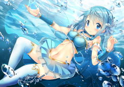 Rule 34 | 10s, 1girl, adapted costume, air bubble, blue eyes, blue hair, bubble, cape, gleision adain, jewelry, magical girl, mahou shoujo madoka magica, mahou shoujo madoka magica plus, matching hair/eyes, midriff, miki sayaka, navel, necklace, pearl necklace, short hair, smile, solo, thighhighs, underwater, water, zettai ryouiki