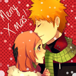 bleach blush brown_eyes closed_eyes hair_ornament inoue_orihime jacket kurosaki_ichigo persona92 scarf smile