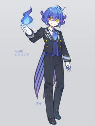 Rule 34 | 1boy, ahoge, aona (noraneko), ascot, blue fire, blue hair, chandelure, character name, closed mouth, coat, coattails, collared shirt, creatures (company), earrings, fire, flipped hair, game freak, gen 5 pokemon, gloves, gradient hair, humanization, jewelry, loafers, looking at hand, magic, male focus, multicolored hair, nintendo, overcoat, pants, pokedex number, pokemon, purple hair, shirt, shoes, short hair, signature, smile, solo, striped clothes, striped vest, vest, waistcoat, yellow eyes