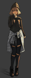 Rule 34 | 1girl, absurdres, beanie, black footwear, black sweater, blonde hair, brown eyes, closed mouth, clothes around waist, commentary, contrapposto, fashion, full body, grey background, hand up, hat, highres, jacket, jacket around waist, jungon kim, leggings, long sleeves, looking at viewer, original, shadow, shoes, simple background, sleeves past wrists, solo, standing, sweater, thigh gap, torn clothes