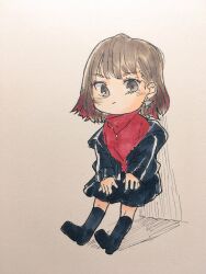 Rule 34 | 1girl, black footwear, black skirt, blush, boots, brown eyes, brown hair, chibi, closed mouth, colored tips, commentary request, earrings, full body, highres, inami anju, jacket, jewelry, kashikaze, long sleeves, medium hair, multicolored hair, off shoulder, open clothes, open jacket, pleated skirt, real life, red hair, red sweater, shadow, simple background, skirt, solo, star (symbol), star earrings, sweater, traditional media, voice actor, white background