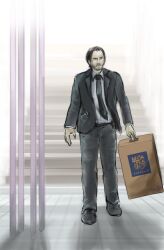 Rule 34 | beard, box, crossover, digimon, digivice, facial hair, formal, highres, john wick, john wick (character), mas square, mustache, necktie, suit