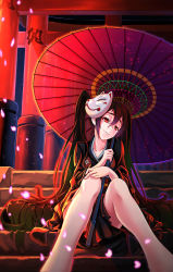 Rule 34 | 1girl, alternate eye color, alternate hair color, bad id, bad pixiv id, bare legs, barefoot, black hair, breasts, cherry blossoms, collarbone, foreshortening, fox mask, hatsune miku, head tilt, highres, holding, holding umbrella, japanese clothes, kimono, long hair, long sleeves, looking at viewer, mask, mask on head, musunde hiraite rasetsu to mukuro (vocaloid), obi, oil-paper umbrella, parted lips, petals, red eyes, sash, sitting, sitting on stairs, small breasts, smile, solo, stairs, torii, twintails, umbrella, very long hair, vocaloid, wide sleeves, yori.