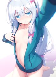 Rule 34 | 1girl, 3:, bare legs, blue eyes, blue jacket, blurry, blush, bow, breasts, closed mouth, coat, collarbone, depth of field, eromanga sensei, goribote, hair bow, hand up, headphones, headset, izumi sagiri, jacket, jitome, kneeling, long hair, looking at viewer, low-tied long hair, naked coat, navel, no bra, pink bow, reaching, reaching towards viewer, revision, selfie, shadow, sidelocks, silver hair, small breasts, solo, thighs, unzipped, very long hair