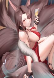 Rule 34 | 1girl, akagi (azur lane), akagi (ruby-laced beauty) (azur lane), alcohol, animal ear fluff, animal ears, azur lane, bare arms, bare legs, bare shoulders, black choker, black footwear, black gloves, blush, breasts, brown hair, brown scarf, brown tail, cafenami, champagne, champagne flute, choker, cocktail dress, commentary request, cup, dress, drink, drinking glass, eyebrows hidden by hair, fingerless gloves, fox ears, fox girl, fox tail, from side, fur scarf, glint, gloves, head tilt, high heels, highres, holding, holding cup, kitsune, knees together feet apart, kyuubi, large breasts, long hair, looking at viewer, multiple tails, official alternate costume, parted lips, red dress, red eyes, revealing clothes, scarf, sideboob, sidelocks, sitting, sleeveless, sleeveless dress, smile, solo, tail, teeth, thighs, very long hair
