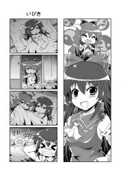 Rule 34 | &gt; &lt;, 4koma, blanket, chibi, clenched teeth, close-up, closed eyes, colonel aki, comic, covering own ears, futon, greyscale, hakurei reimu, holding, holding pillow, horns, ibuki suika, long hair, lying, monochrome, multiple girls, on back, opening door, pajamas, pillow, sleeping, snoring, teeth, touhou, translation request