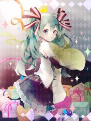 Rule 34 | 1girl, 39, argyle, argyle background, argyle clothes, blue eyes, character name, elbow gloves, from side, gift, gloves, green hair, hair ribbon, hatsune miku, long hair, looking at viewer, necktie, ribbon, skirt, solo, thighhighs, twintails, umeko (kanmikan-minmin), vocaloid