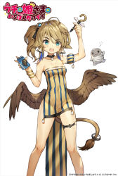 Rule 34 | 1girl, :d, ahoge, aqua eyes, arm up, bare legs, bare shoulders, black choker, blonde hair, bracelet, breasts, choker, cleavage, collarbone, copyright name, covered navel, creature, detached sleeves, dress, earrings, fang, feathered wings, feet out of frame, hair ornament, hand up, holding, holding pen, jewelry, long hair, looking at viewer, notebook, official art, open mouth, pelvic curtain, pen, puffy short sleeves, puffy sleeves, short sleeves, side ponytail, side slit, simple background, single detached sleeve, small breasts, smile, solo, standing, striped clothes, striped dress, tail, thigh strap, thighs, uchi no hime-sama ga ichiban kawaii, vertical-striped clothes, vertical-striped dress, watermark, white background, whoisshe, wings