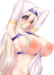 Rule 34 | 10s, 1girl, armpit hair, armpits, arms behind head, blindfold, blonde hair, blush, breasts, breasts out, dress, goblin slayer!, headdress, highres, large breasts, long hair, nipples, samurai (movemusic), smile, solo, sweat, sweatdrop, sword maiden, very long hair, white dress