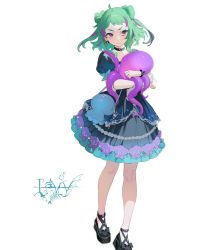 Rule 34 | &gt;:(, 1girl, ankle boots, bad id, bag, blush, boots, bow, choker, cross, cross earrings, double bun, dress, earrings, frilled dress, frills, fukami levy, gem, green hair, hair bun, handbag, high heels, highres, holding, jewelry, knees, looking at viewer, multicolored hair, nose blush, octopus, ohisashiburi, original, pale skin, pearl (gemstone), polearm, pout, project luminasys, puffy sleeves, purple eyes, purple hair, ribbon, shell, short hair, short sleeves, solo, streaked hair, trident, v-shaped eyebrows, weapon, white background, wrist ribbon