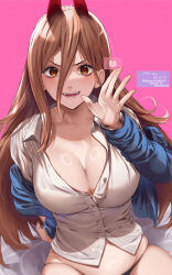 Rule 34 | 1girl, amasora taichi, black panties, blonde hair, blue jacket, breasts, chainsaw man, cleavage, collared shirt, commentary request, cross-shaped pupils, demon horns, glaze artifacts, hair between eyes, hand up, horns, jacket, large breasts, long hair, long sleeves, looking at viewer, no pants, open clothes, open jacket, open mouth, paid reward available, panties, pink background, power (chainsaw man), red horns, sharp teeth, shirt, simple background, sitting, solo, symbol-shaped pupils, teeth, underwear, very long hair, white shirt, yellow eyes