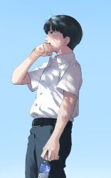 Rule 34 | 1boy, arm at side, belt, black hair, blunt bangs, bottle, bowl cut, collared shirt, cowboy shot, dappled sunlight, day, dress shirt, from side, hand up, highres, holding, holding bottle, kageyama shigeo, long sleeves, looking ahead, male focus, mob psycho 100, nanigaoka, pants, profile, school uniform, shirt, shirt tucked in, short hair, short sleeves, simple background, sky, solo, sunlight, sweat, water bottle, white shirt, wiping face