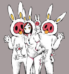 1girl 6+others abe_youichi black_hair breasts cleavage grey_background hand_up hands_in_pockets hood hoodie looking_at_viewer multicolored_hair multiple_others original rabbit rabbit_ears rabbit_tail red_hair short_hair standing surreal tongue tongue_out waving yellow_eyes