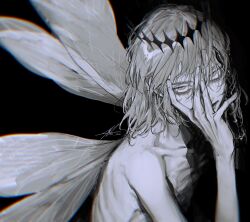 Rule 34 | 1boy, arthropod boy, au (d elete), black background, collarbone, completely nude, crown, diamond hairband, dragonfly wings, fate/grand order, fate (series), hair between eyes, hand on own face, highres, insect wings, male focus, medium hair, nude, oberon (fate), oberon (third ascension) (fate), signature, simple background, solo, spoilers, upper body, wings