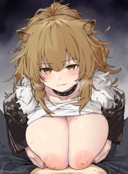 Rule 34 | 1boy, 1girl, animal ear fluff, animal ears, arknights, breasts, brown eyes, choker, closed mouth, commentary, grey background, hetero, large breasts, long hair, paizuri, siege (arknights), simple background, upper body, yom (ymayma00ss)