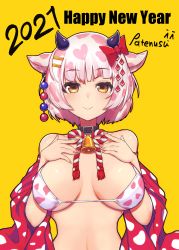 Rule 34 | 1girl, 2021, absurdres, artist name, bare shoulders, bell, belt collar, blush, breasts, breasts apart, collar, goat girl, happy new year, highres, horizontal pupils, lips, looking at viewer, neck bell, new year, original, patenusu, short hair, smile, swimsuit, tagme, upper body