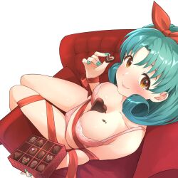 Rule 34 | 1girl, absurdres, b1ack illust, box, box of chocolates, bra, breasts, brown eyes, candy, chocolate, chocolate heart, collarbone, couch, curly hair, food, food between breasts, green hair, green nails, heart, highres, holding, holding chocolate, holding food, idolmaster, idolmaster million live!, large breasts, looking at viewer, on couch, panties, pink bra, pink panties, red ribbon, ribbon, short hair, sitting, smile, solo, tokugawa matsuri, underwear