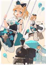 Rule 34 | + +, 1girl, :d, alice (alice in wonderland), alice in wonderland, balloon, black overalls, blonde hair, blue bow, blue eyes, blush, border, bow, brown background, closed eyes, closed mouth, collared shirt, hair bow, highres, locomotive, long bangs, long sleeves, looking at viewer, multiple views, open mouth, overalls, riding, riding animal, shirt, short hair, sidelocks, smile, steam locomotive, swing, swinging, train, wakuseiy, white border, white shirt