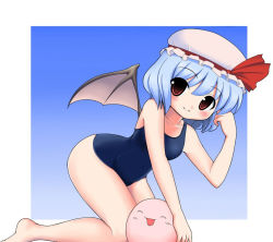 Rule 34 | 1girl, bad id, bad pixiv id, bat wings, blue hair, female focus, gradient background, hat, kyokutou hentai samurai, one-piece swimsuit, red eyes, remilia scarlet, school swimsuit, short hair, solo, swimsuit, touhou, wings
