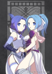 Rule 34 | 10s, 1girl, 2011, 2girls, :o, alternate hair color, blue eyes, blue hair, bracelet, dated, detached sleeves, dual persona, estpolis: the lands cursed by the gods, estpolis denki, estpolis denki ii, grey background, hair up, high ponytail, interlocked fingers, jewelry, kuricoronet, looking at viewer, lufia, multiple girls, ponytail, selan, shoulder pads, side slit, thighhighs, time paradox, white thighhighs