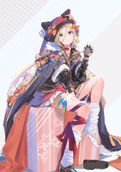 Rule 34 | 1girl, abigail williams (fate), alternate costume, black bow, black cape, black footwear, black jacket, blonde hair, blue eyes, bow, box, cape, closed mouth, dress, fate/grand order, fate (series), flower, full body, fur trim, gift, gift box, gloves, hair between breasts, hair between eyes, hair bow, hand up, hat, heart, heart necklace, highres, hood, hood down, hoodie, jacket, jewelry, kiriyama, leg ribbon, leg warmers, loafers, long hair, long sleeves, looking at viewer, necklace, orange bow, parted bangs, red dress, red ribbon, ribbon, shoes, sitting, socks, solo, star (symbol), white flower, white gloves, white socks